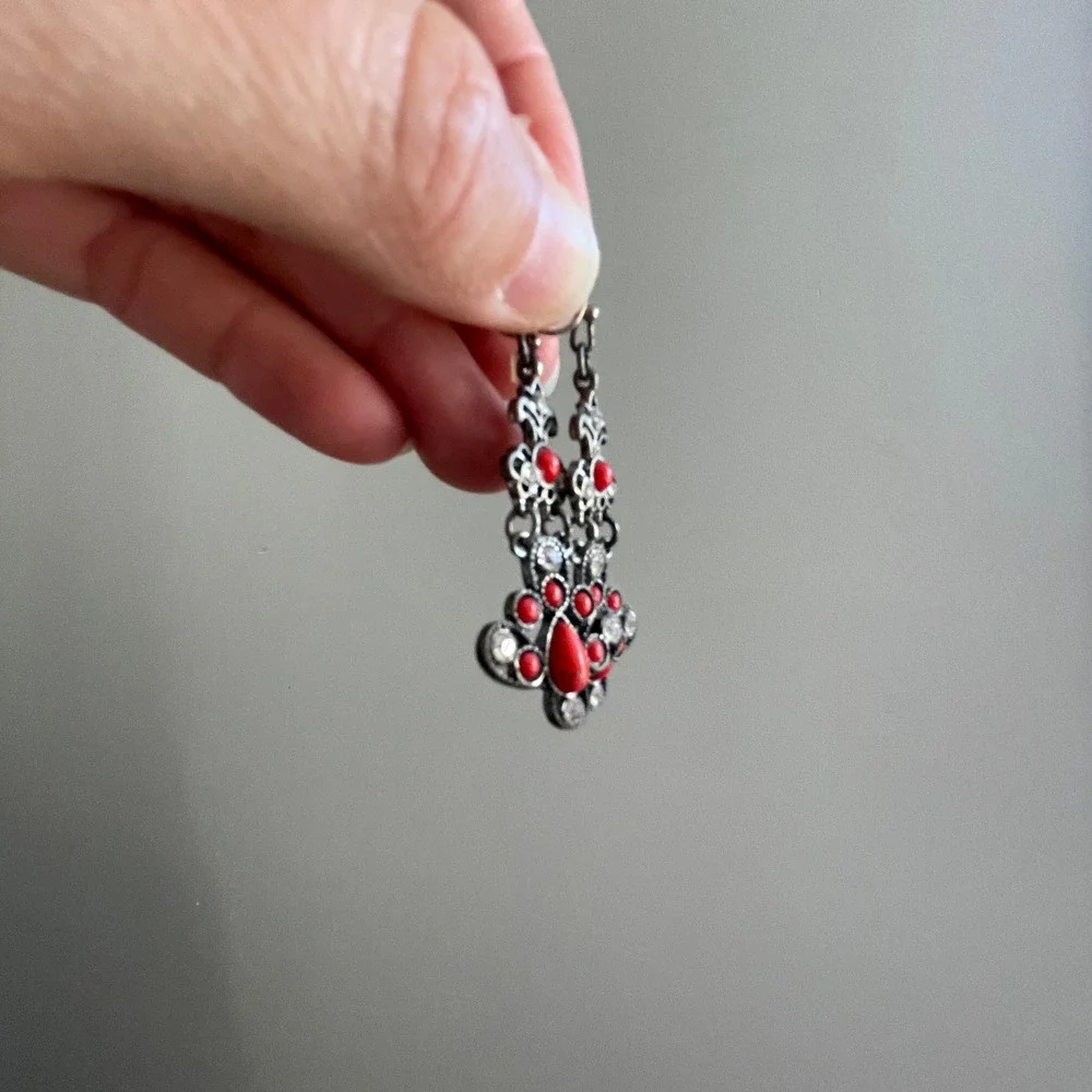 Stone Metal Dangle Earrings‎ Red Y2K Rhinestones Artsy Jewelry Goth Renaissance